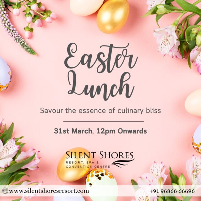 Easter joy begins at Silent Shores! Join us on March 31st from 12pm onwards for an unforgettable Easter lunch celebration

#easterlunch #lunch #eastergifts #SilentShoresResort #SilentShores #ResortsinMysore #StayRoyal #Resorts #SpaInMysore #HotelsinMysore #LakeSideRestaurant #Mysore #mysuru